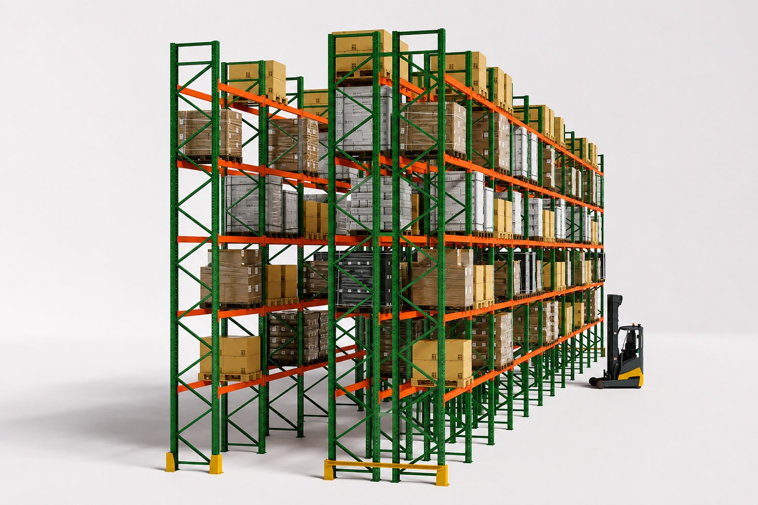 Selective rack works by giving forklifts direct aisle access to every pallet for fast, independent handling