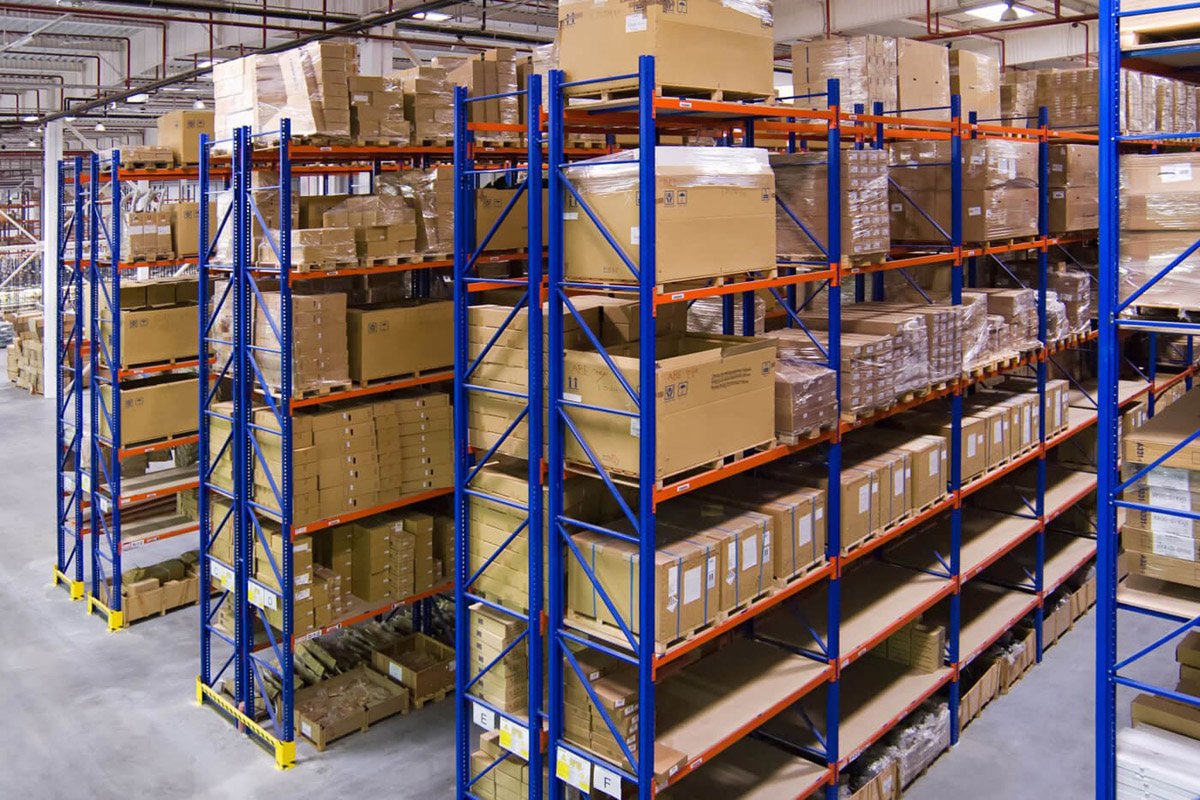 Industrial shelving maximizes space and improves warehouse efficiency.
