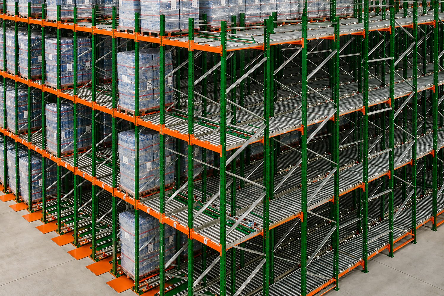 Gravity-driven pallet flow racking for fast FIFO operations and high-throughput warehouse